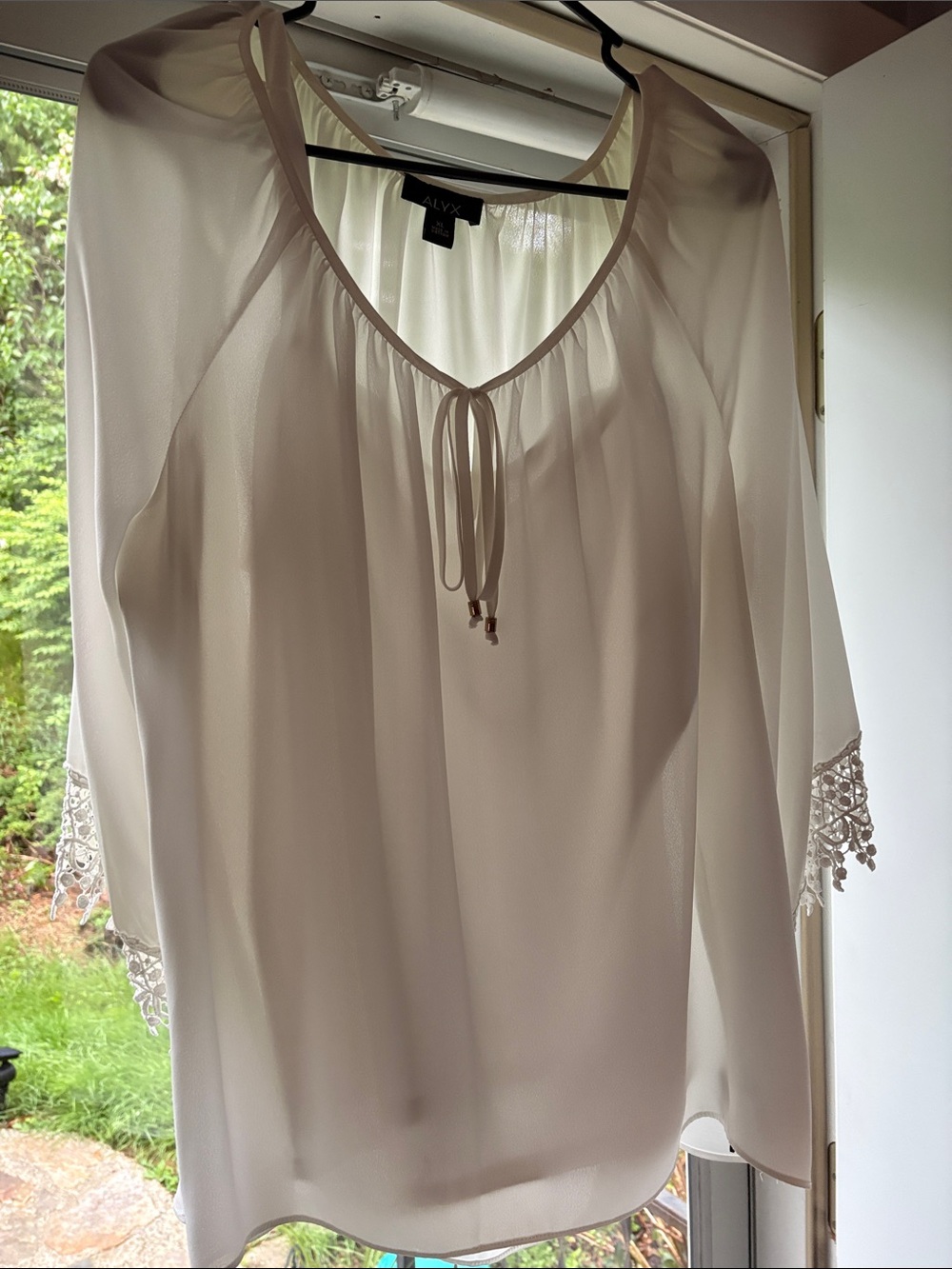 ALYX Ivory Sheer Peasant Blouse with Tie Neck